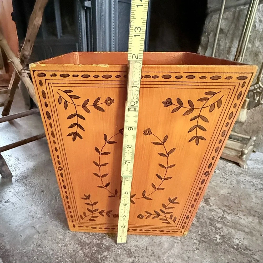 Vintage Hand Painted Wooden Wastebasket - Amber Folk Art Leaf Vine Trash Can